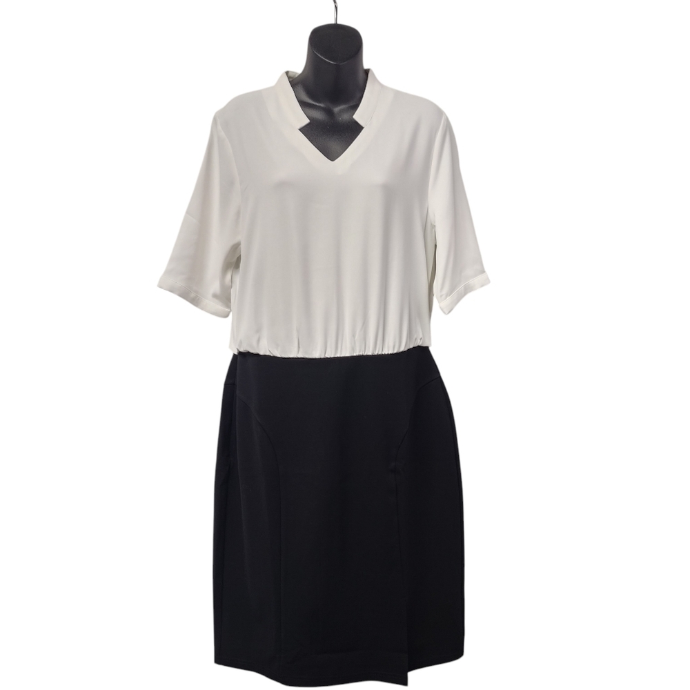 Hobemty Women's White Black V-Neck Short Sleeve Midi Dress Size M NWT